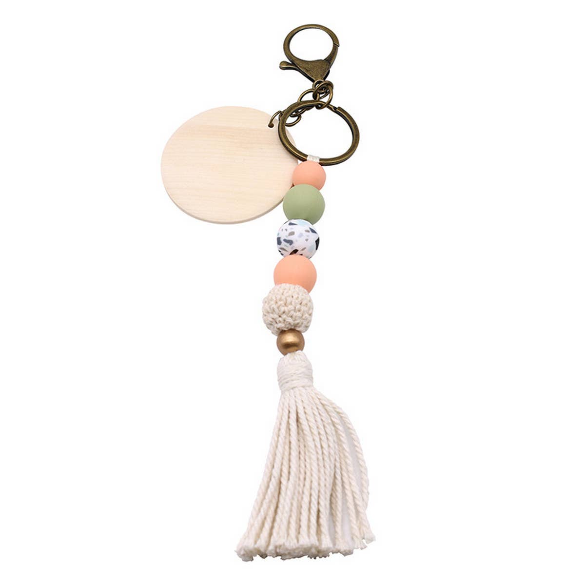 ROUND WOODEN BEADED TASSEL KEYCHAIN
