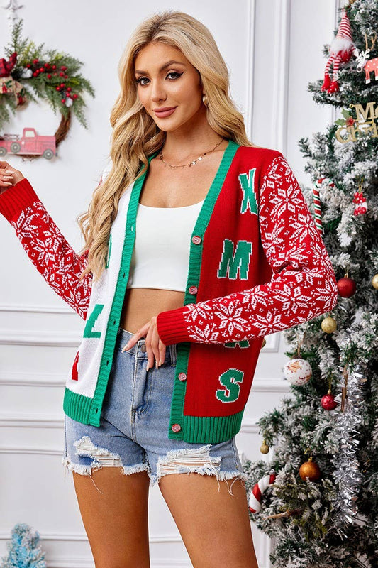 CWOCAS0040_V-NECK LETTER JACQUARD CHRISTMAS KNITTED CARDIGAN