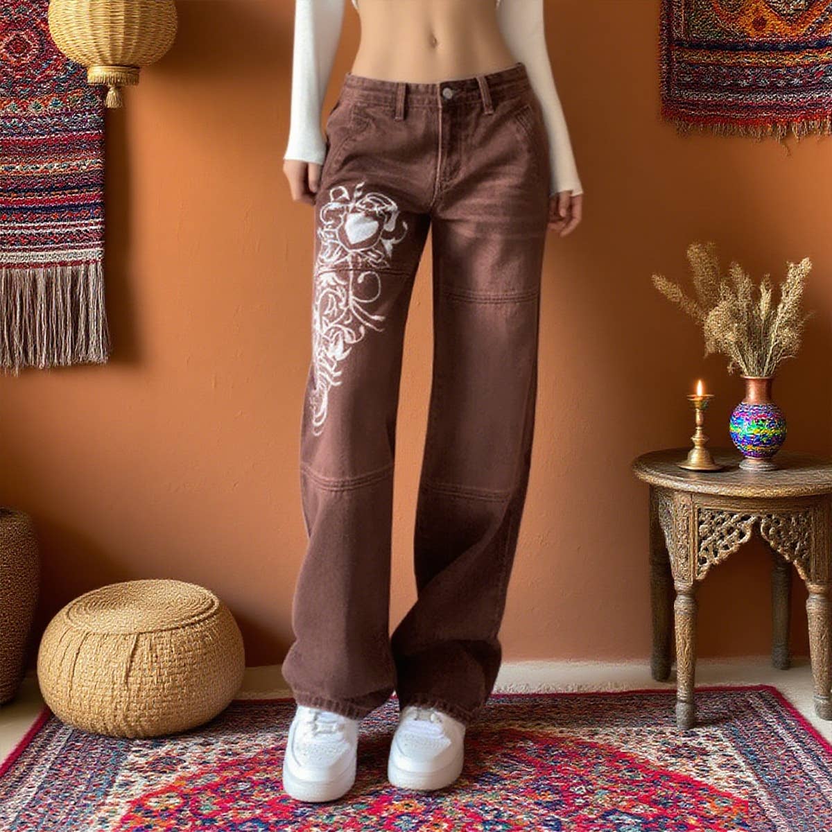 Fashion printed straight-through wide-leg jeans