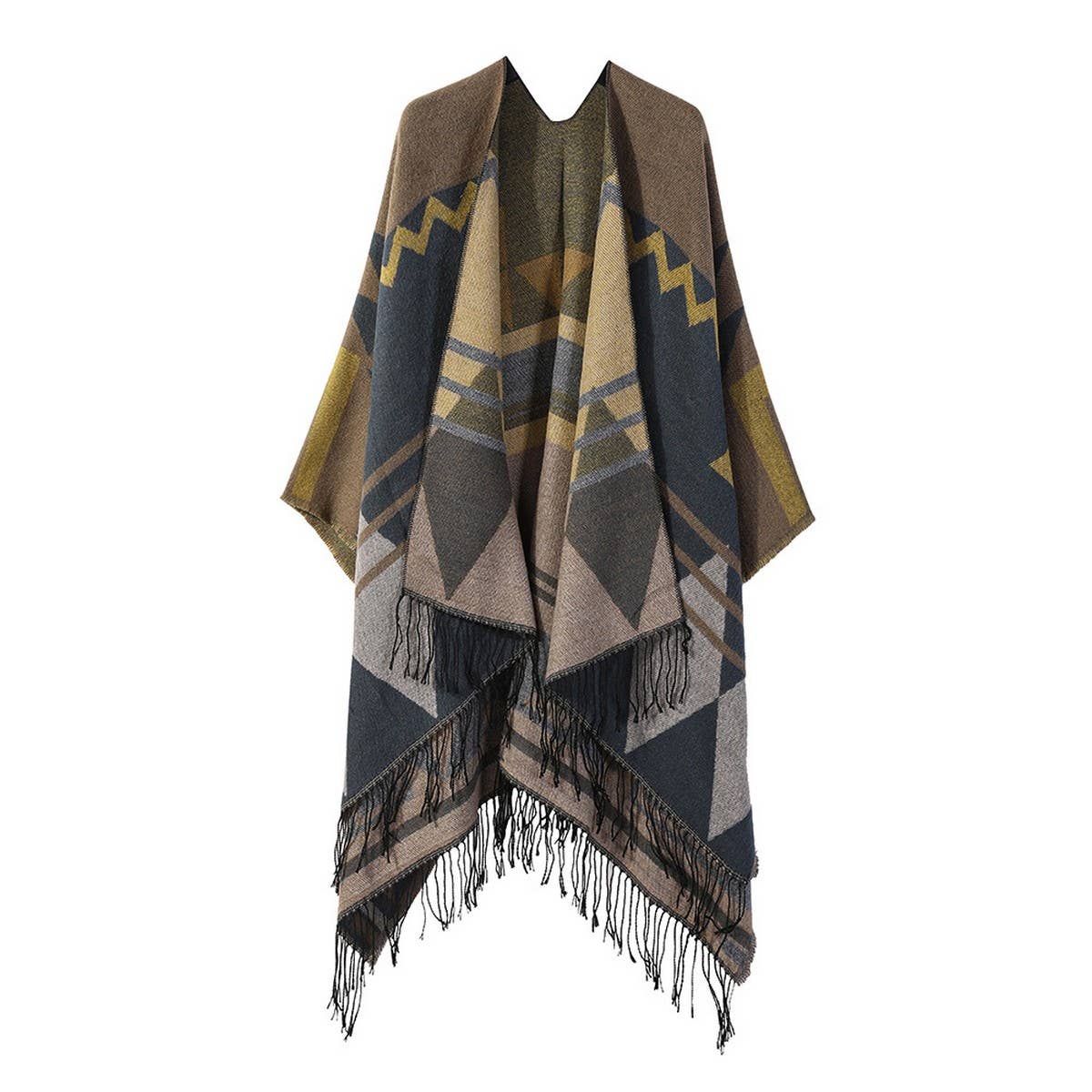 FRINGED GEOMETRIC PATTERN SHAWL SLIT CAPE SCARF