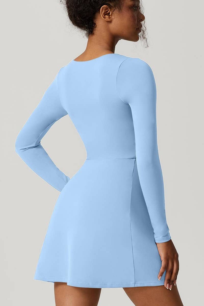 CWDSD8464_SQUARE NECK CORSET SLEEVE SLIT FLARE MINI DRESS