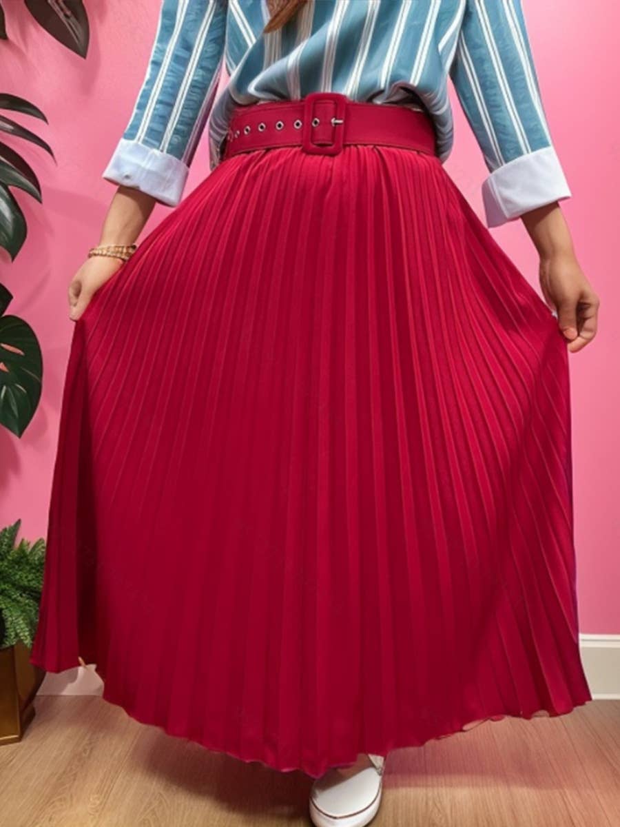 Solid-color fashionable belt pleated skirt