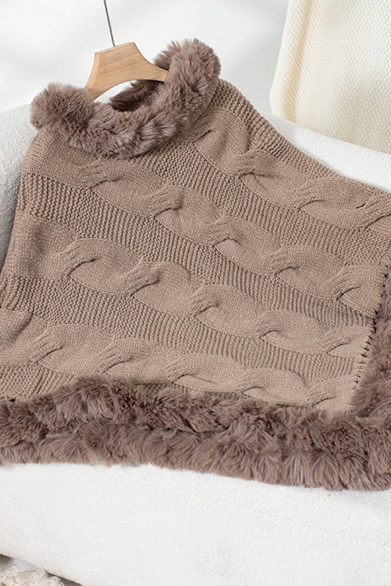 CWOSWL2803_FUR COLLAR THICK CABLE PULLOVER SWEATER CAPE