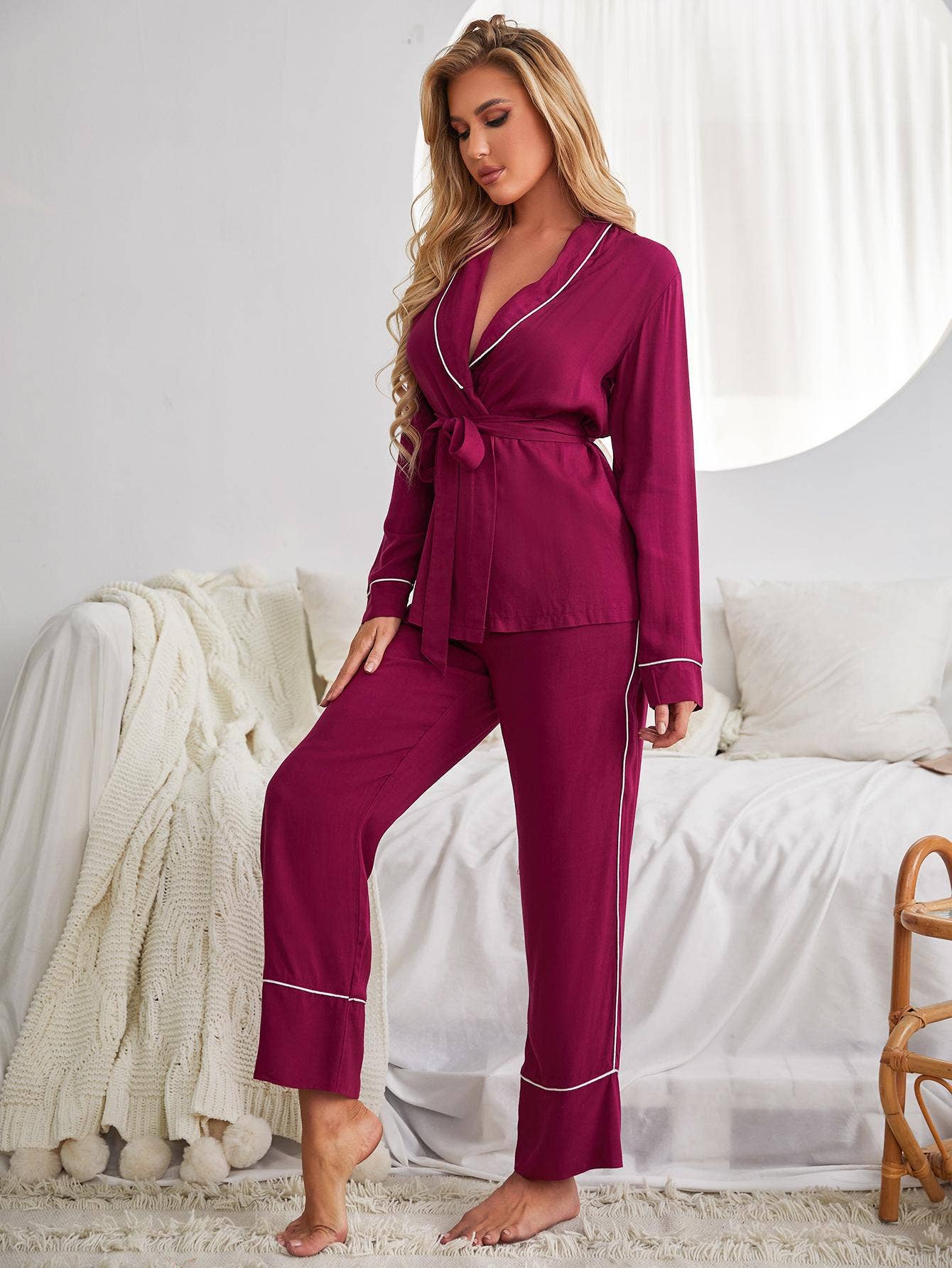 PAJAMA SET V NECK LONG SLEEVES TOP & LONG PANTS