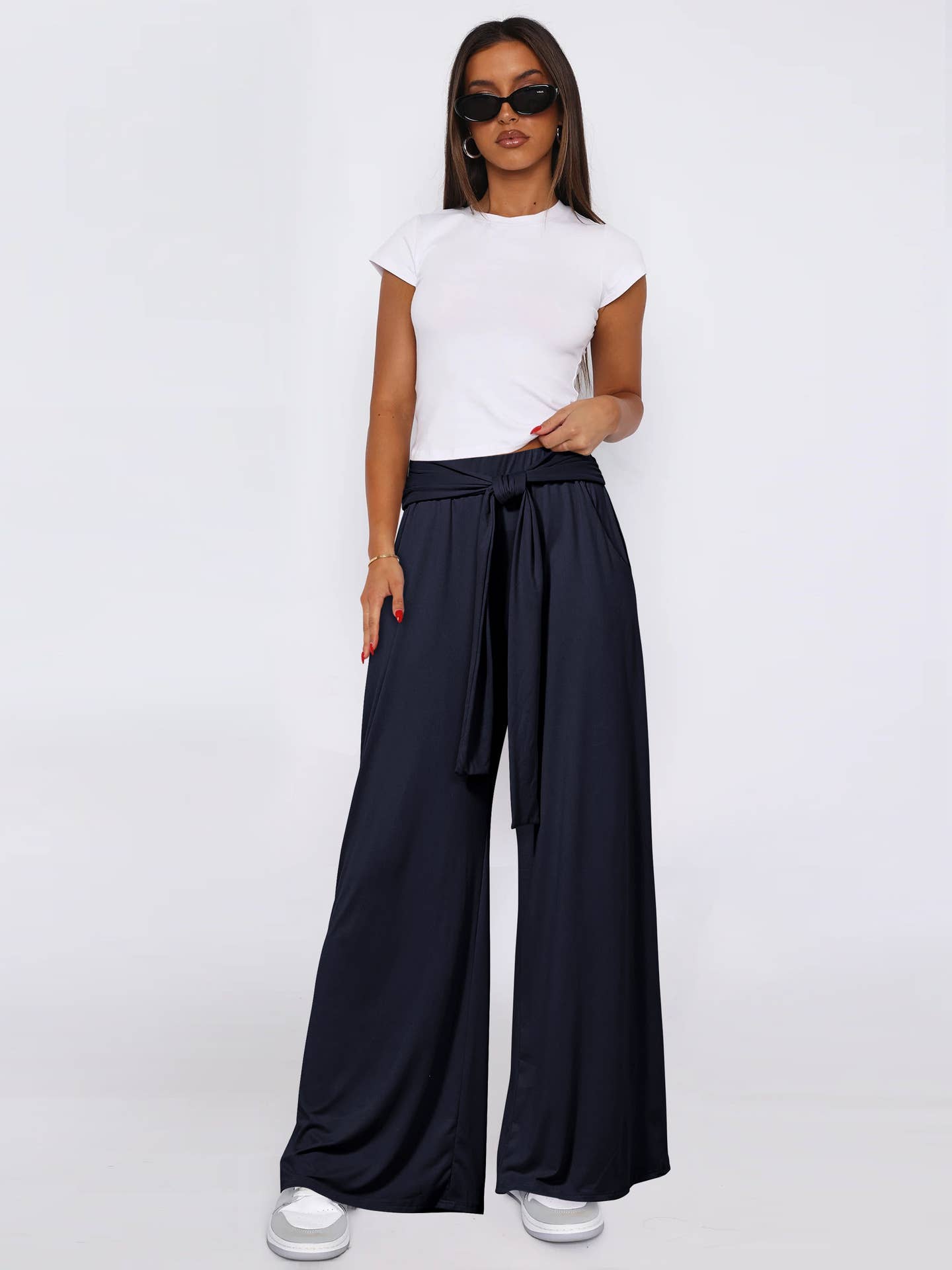 SOLID COLOR SAG ALL-IN-ONE LACE-UP WIDE-LEG PANTS
