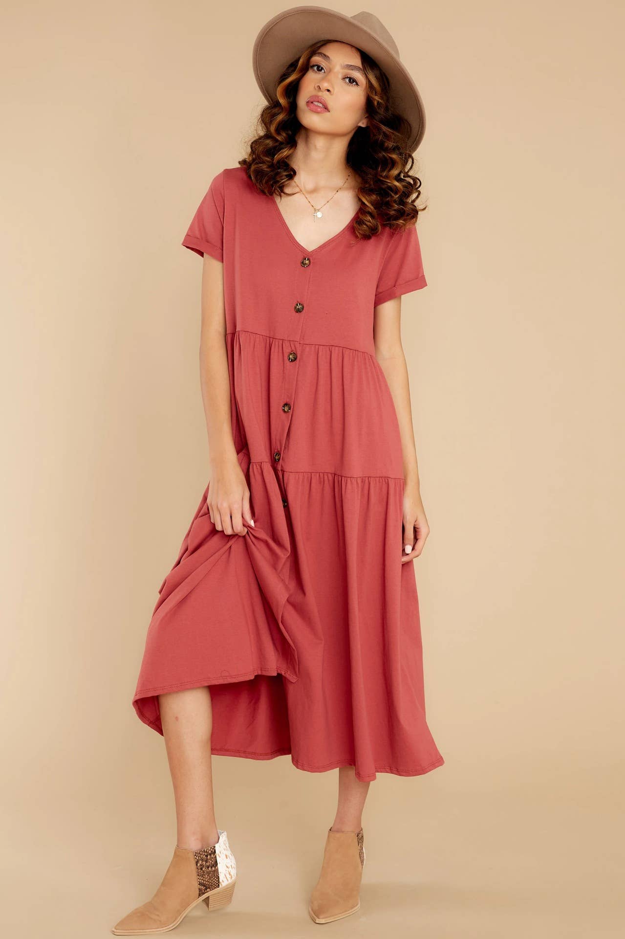 V-neck single-breasted pleated loose long dress