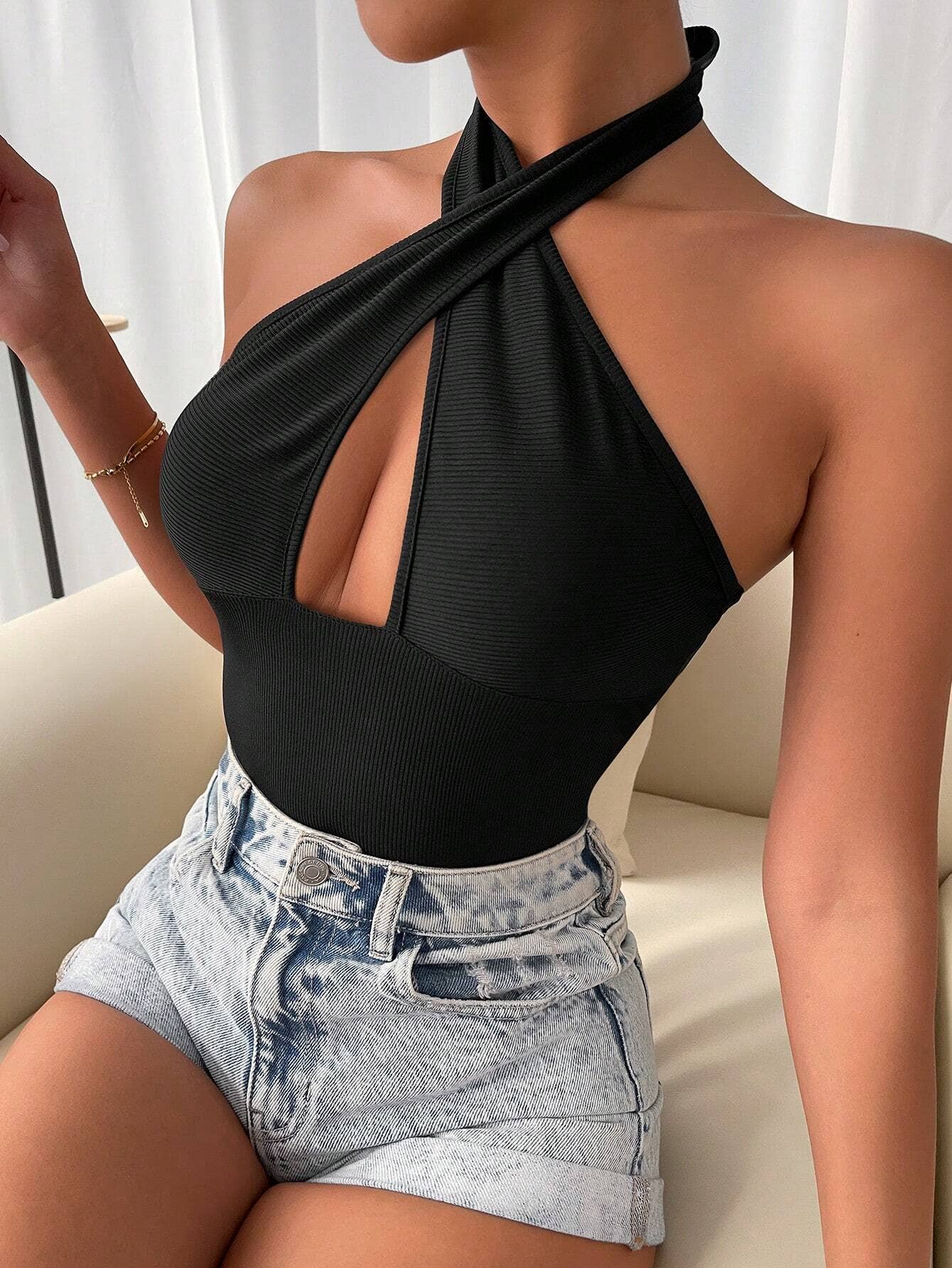 Sexy backless cross halter solid color jumpsuit