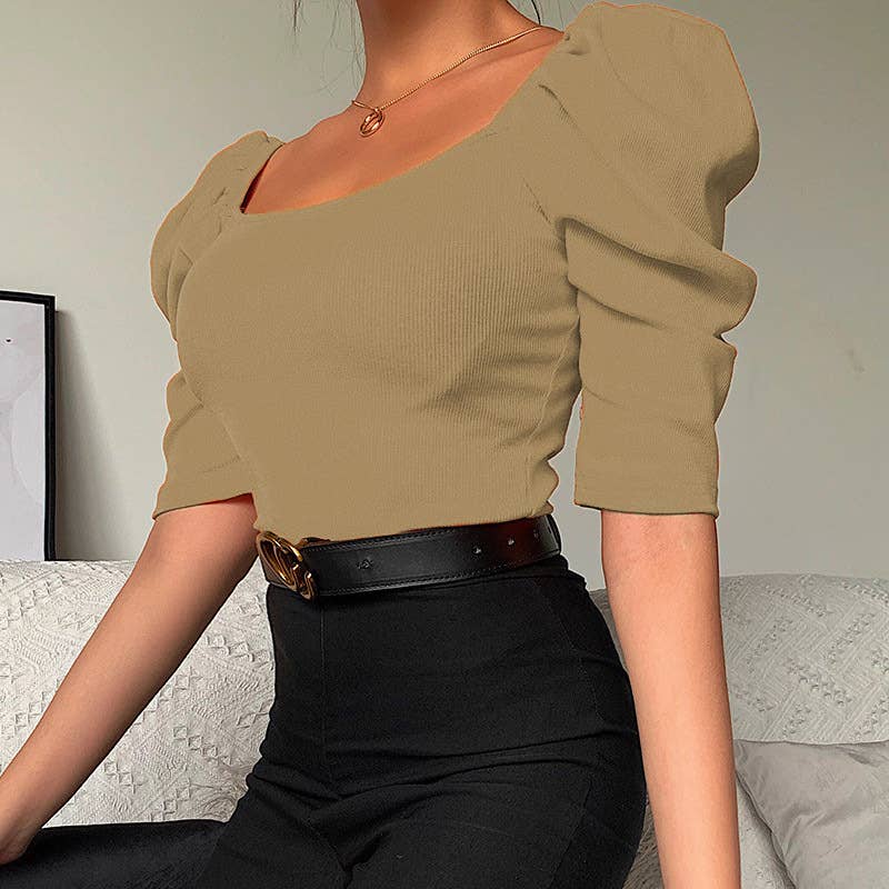 Simple square-neck puffed sleeve short-sleeve top