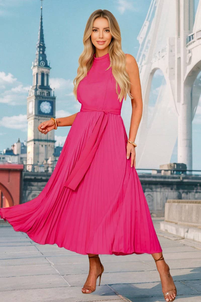 CWDMD6199_SLEEVELESS PLEATED HIGH NECK PARTY DRESS