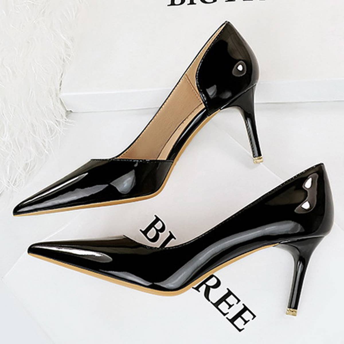 GLOSSY SHALLOW POINTED TOE SEXY HIGH HEELS