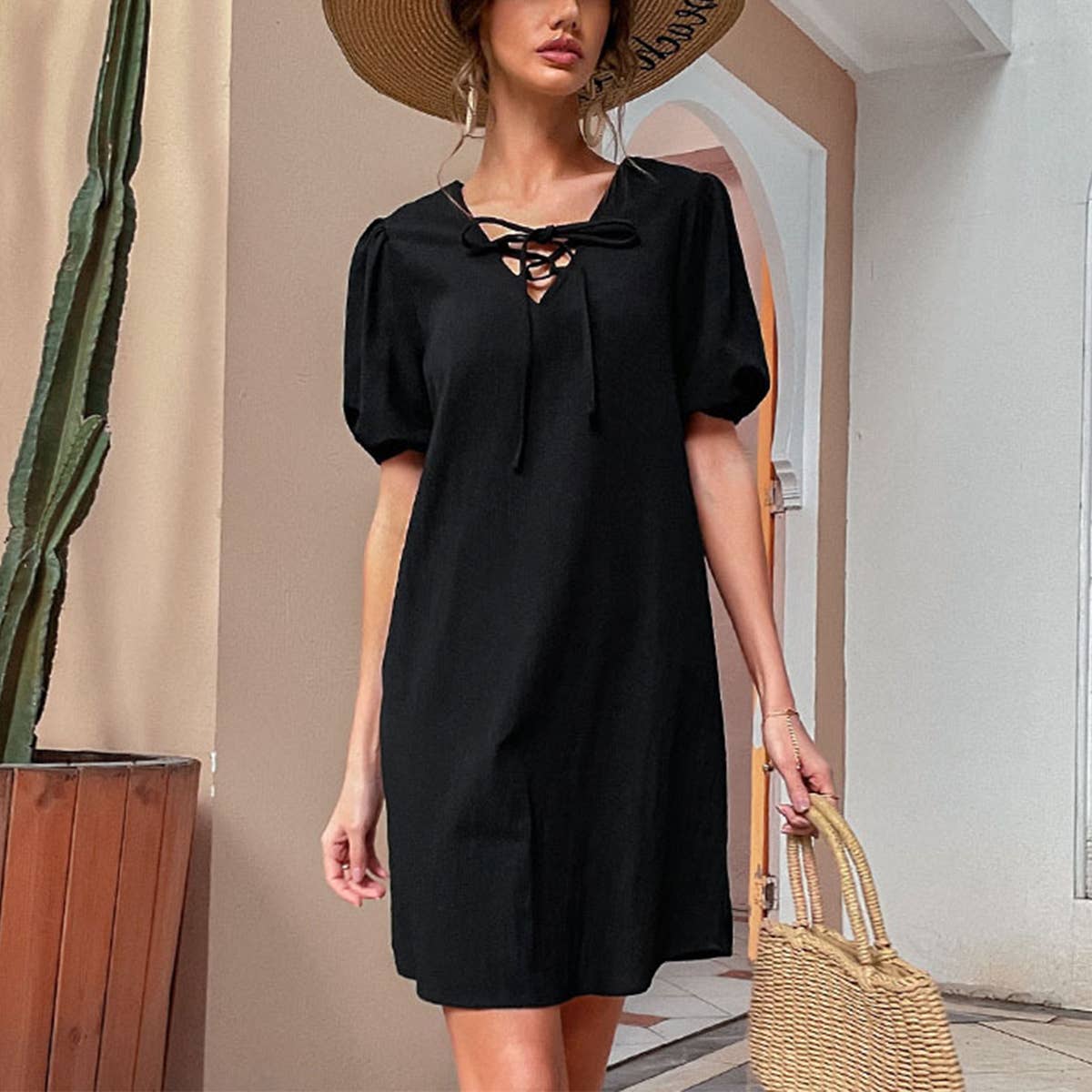 SOLID COLOR LACE-UP COTTON LINEN LOOSE DRESS