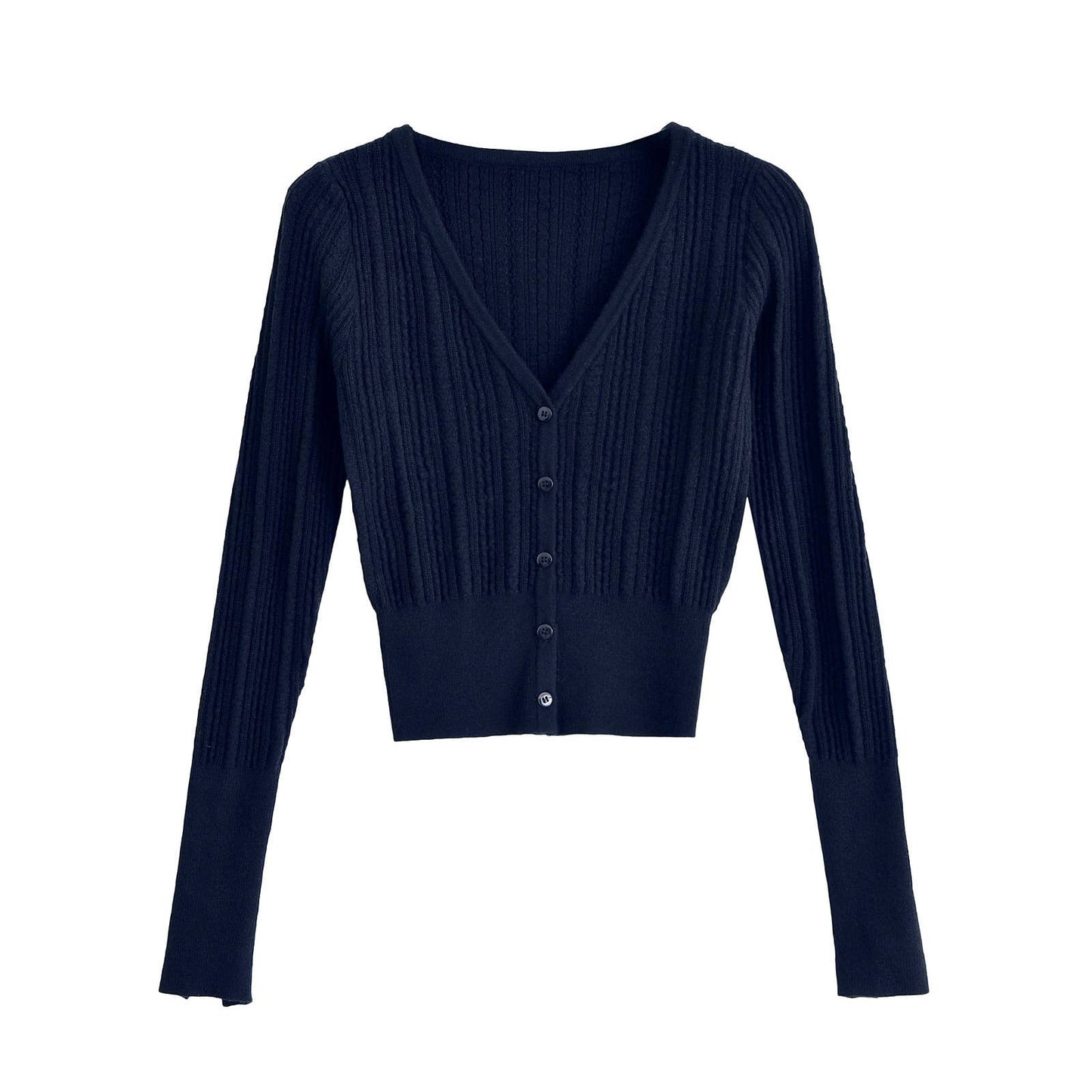 Solid-color V-neck long-sleeved knitted sweater