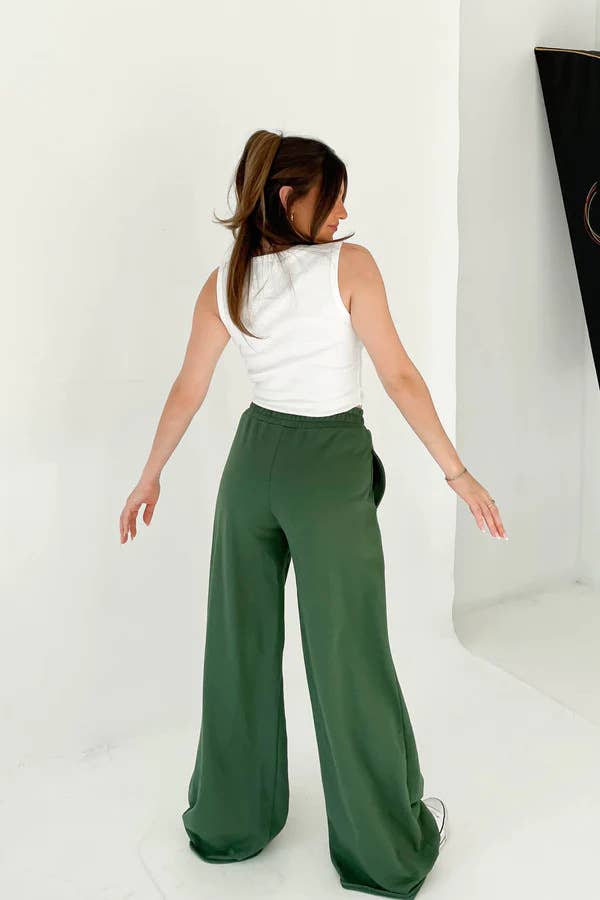 Simple stretched-waist straight-leg casual pants