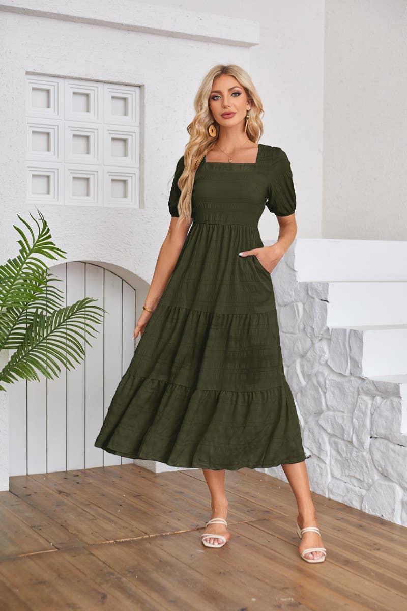 Square neck pleated short-sleeved dress