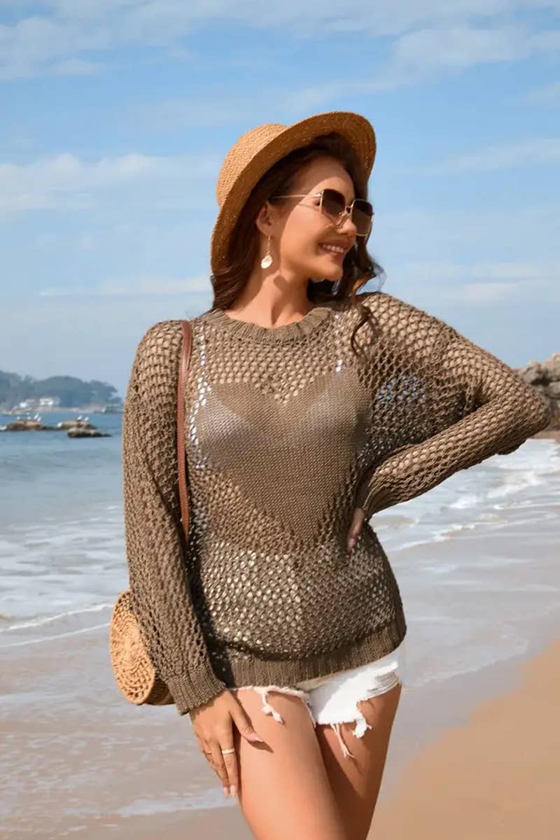 CWTTL1991_SUMMER ROUND NECK HEART SOLID COLOR BEACH COVER UP