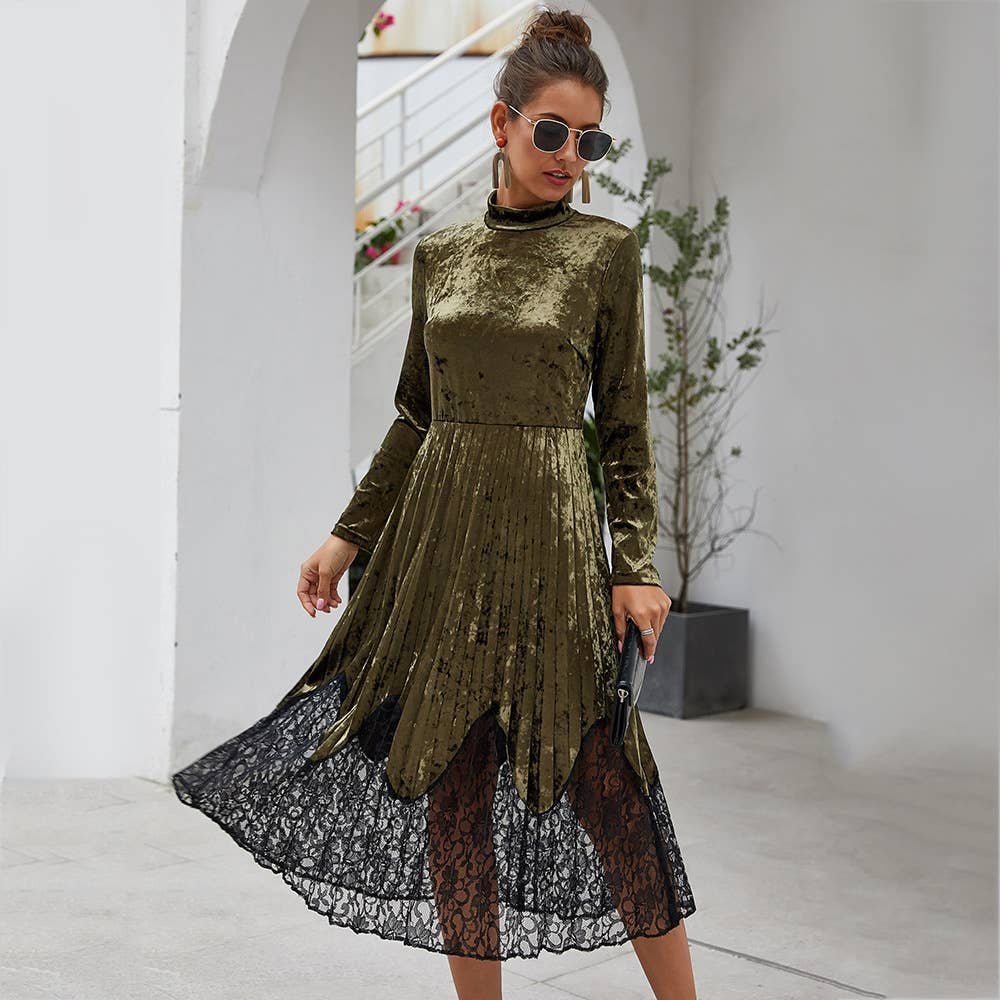 PLEATED LACE PATCHWORK CANARY LONG-SLEEVED DRESS