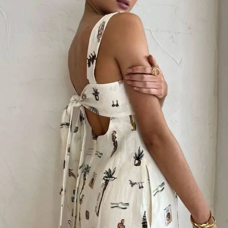 Sexy print sleeveless strappy halter swing  dress