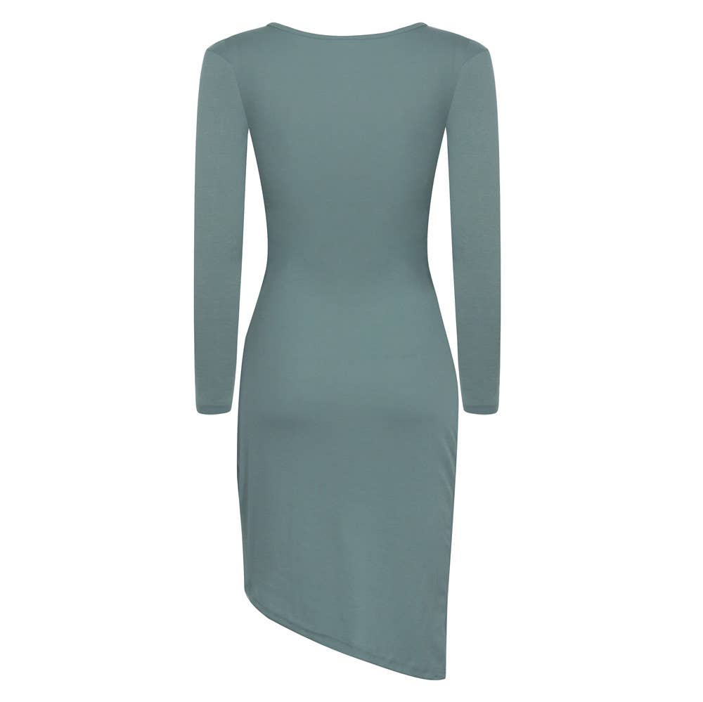 V-neck long-sleeved solid color irregular dress