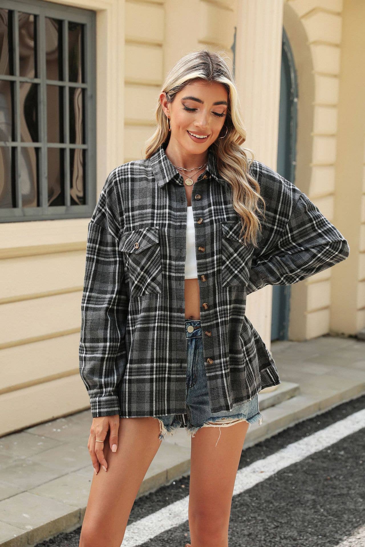 Lapel pocket check loose long-sleeved shirt