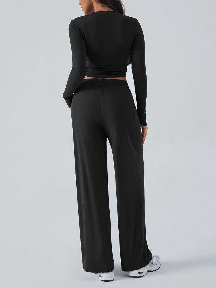 TEMPERAMENT ROUND NECK TOP WIDE LEG PANT SUIT