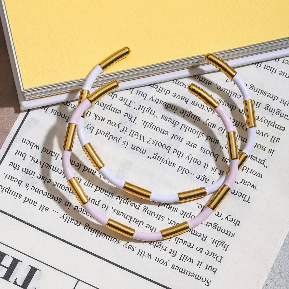 Classic 18K Gold Bamboo Pink Enamel Open Bangle