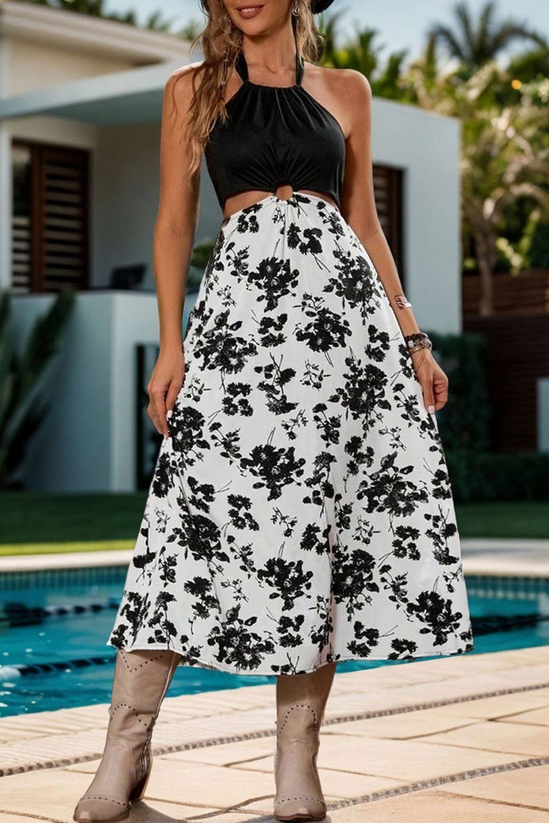 CWDHL0635_HIGH WAIST PRINTED PANEL HALTER NECK DRESS