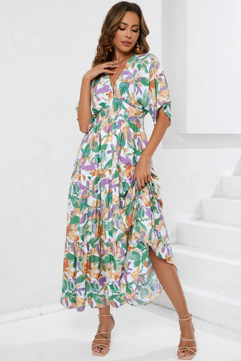 CWDMD4120_BATWING SLEEVE V-NECK PRINTED BEACH DRESS