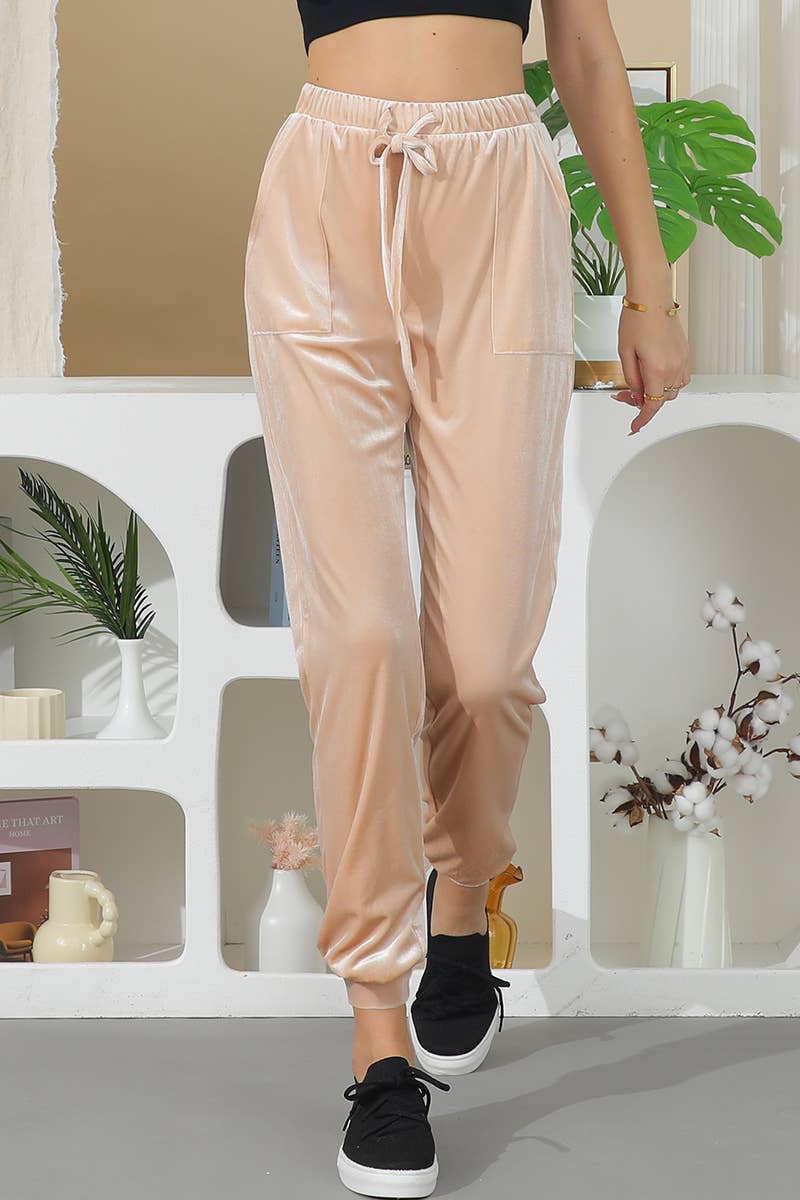 CWBLP422_WAIST TIE BAND CASUAL VELVET LONG TRACK PANTS