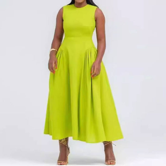 Sleeveless solid-color vest dress with large hem