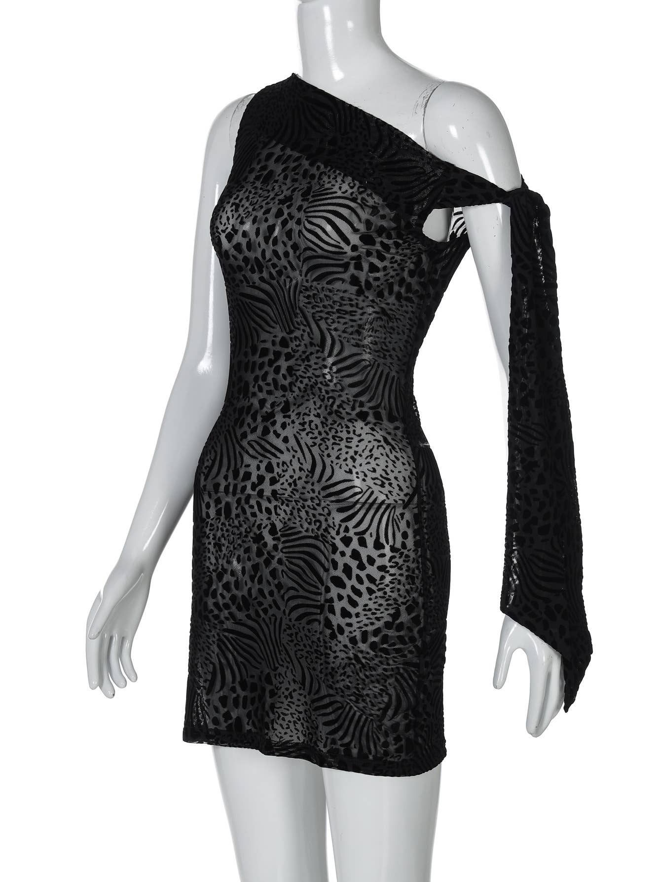 One-shoulder lace see-through body-hugging dress