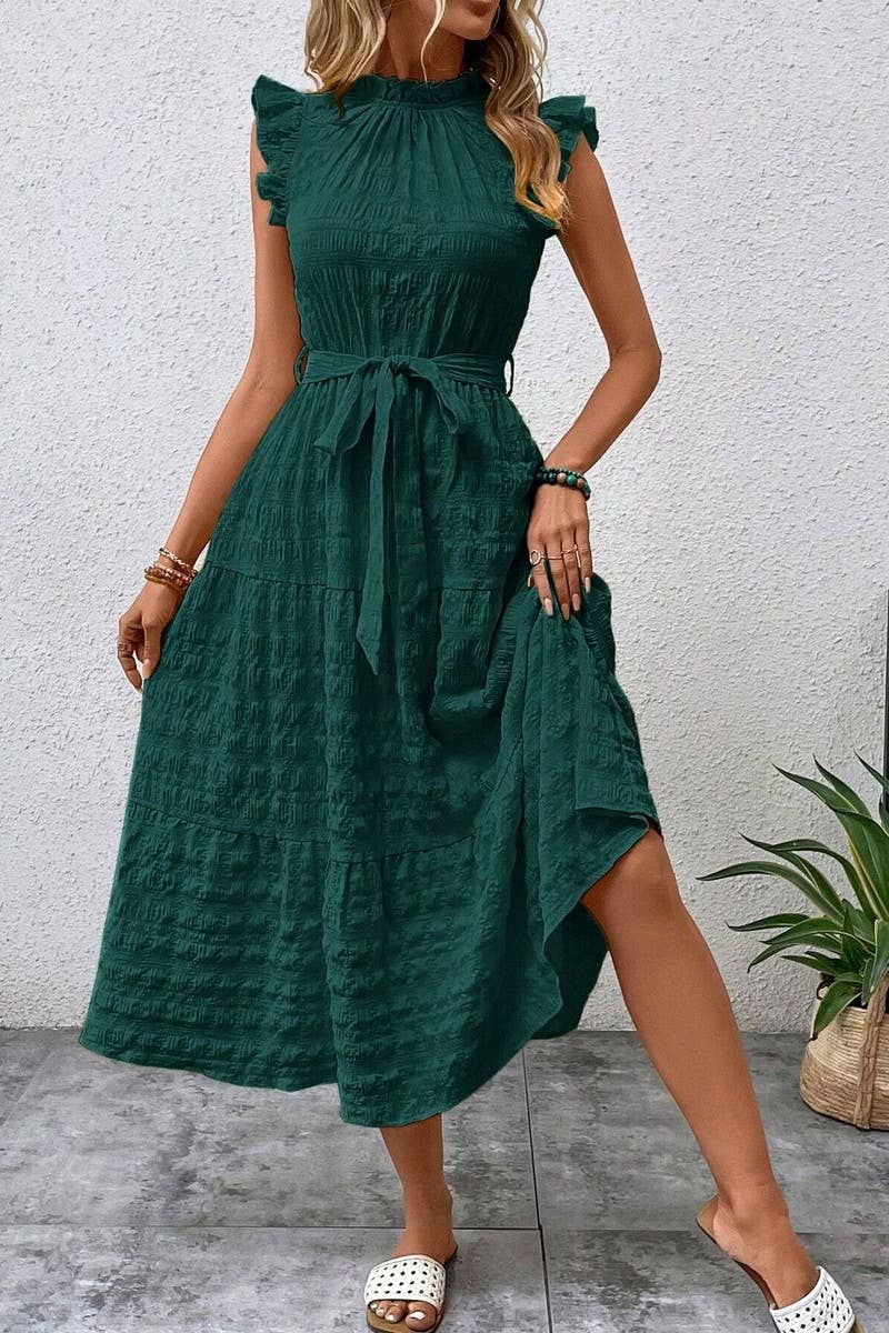 CWDMD4952_SUMMER RUFFLED FLYING SLEEVES TEXTURED DRESS