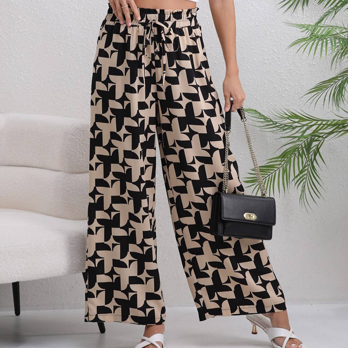ELASTIC-WAISTED PRINTED BAGGY WIDE-LEG PANTS