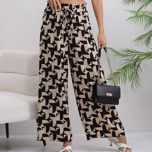 ELASTIC-WAISTED PRINTED BAGGY WIDE-LEG PANTS