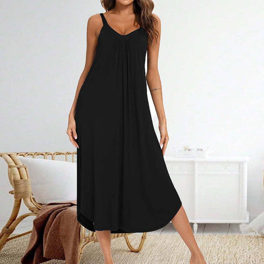 Loose and casual solid-color V-neck halter dress