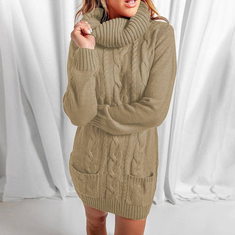 TURTLENECK SOLID COLOR CREW-NECK SWEATER DRESS