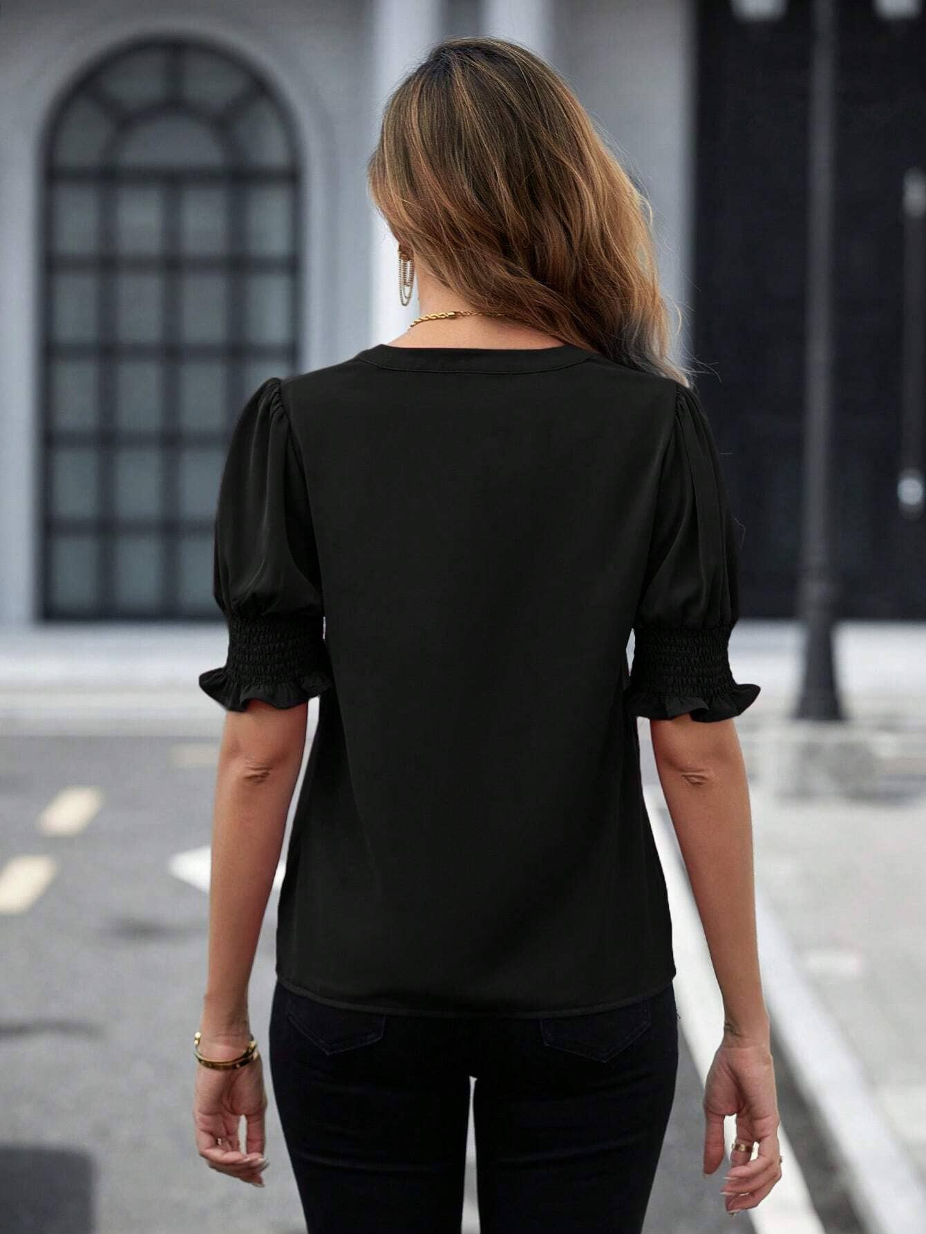V-neck temperament puffy sleeve loose shirt