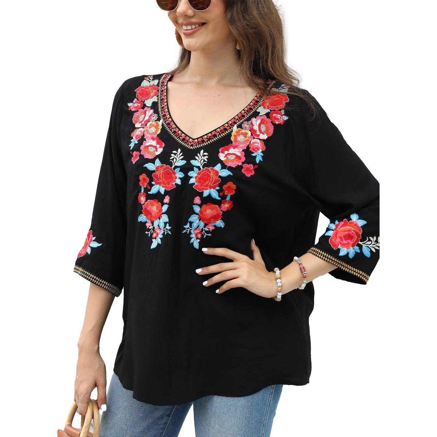 Embroidered seven-quarter sleeve shirt for women