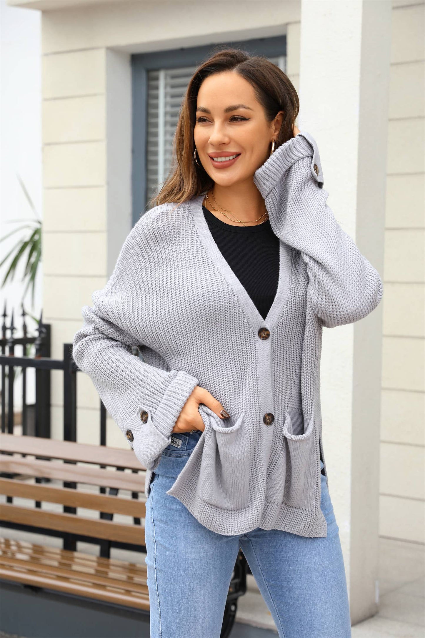 Fashion loose V-neck single-breasted cardigan