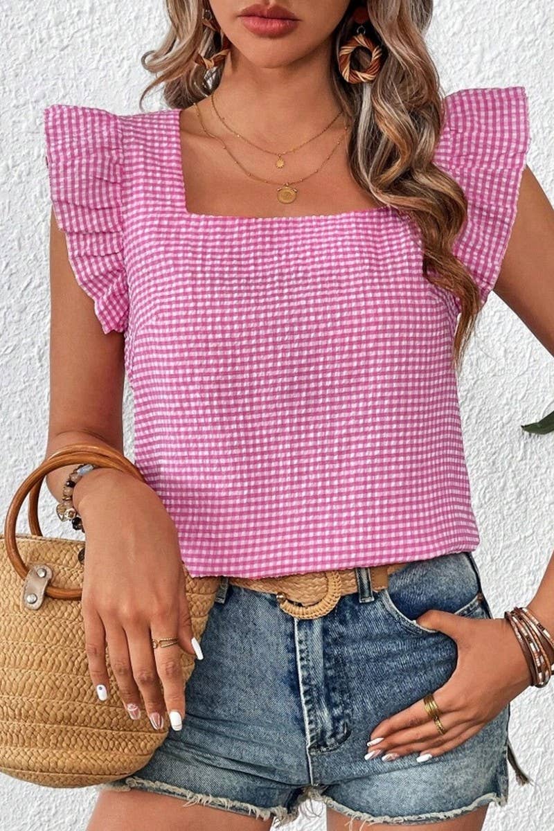 Cwtblsl0969_Plaid Ruffle Square Neck Blouse Top