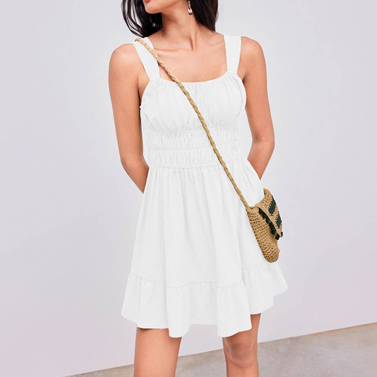 Square-neck pleated cinched waist dress