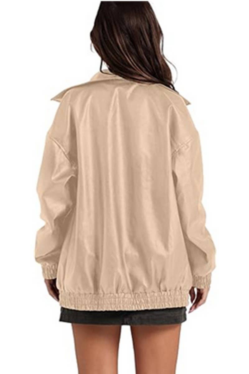 CWOCO1150_LAPEL ZIPPER SIDE POCKET PU LEATHER JACKET