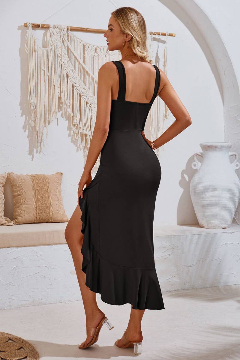 CWDMD5867_V-NECK SLEEVELESS RUFFLE HEM SUMMER DRESS