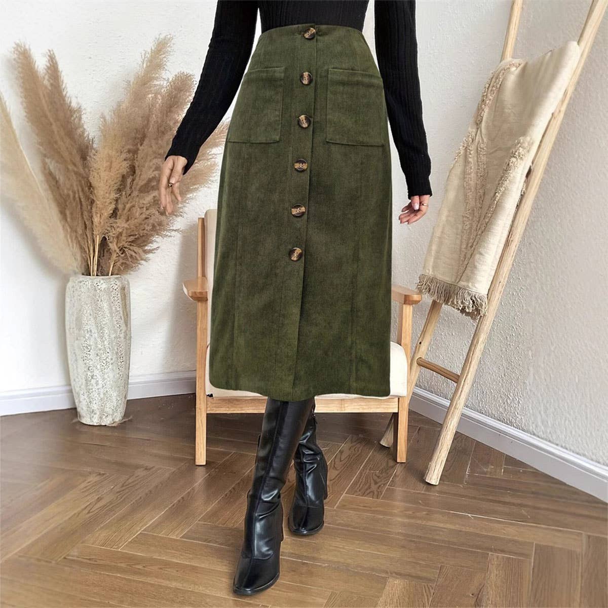 ELASTIC-WAISTBAND BUCKLE POCKET STRAIGHT SKIRT