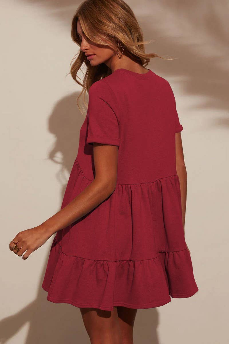 CWDSD7268_ROUND NECK POCKET SHORT SLEEVE PLEATED DRESS