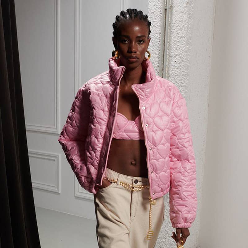 STAND COLLAR SOLID COLOR LOVE SHORT PADDED JACKET