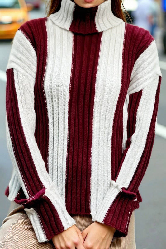 CWOSWL07083_STRIPED KNITTED HIGH-NECK LONG-SLEEVED SWEATER