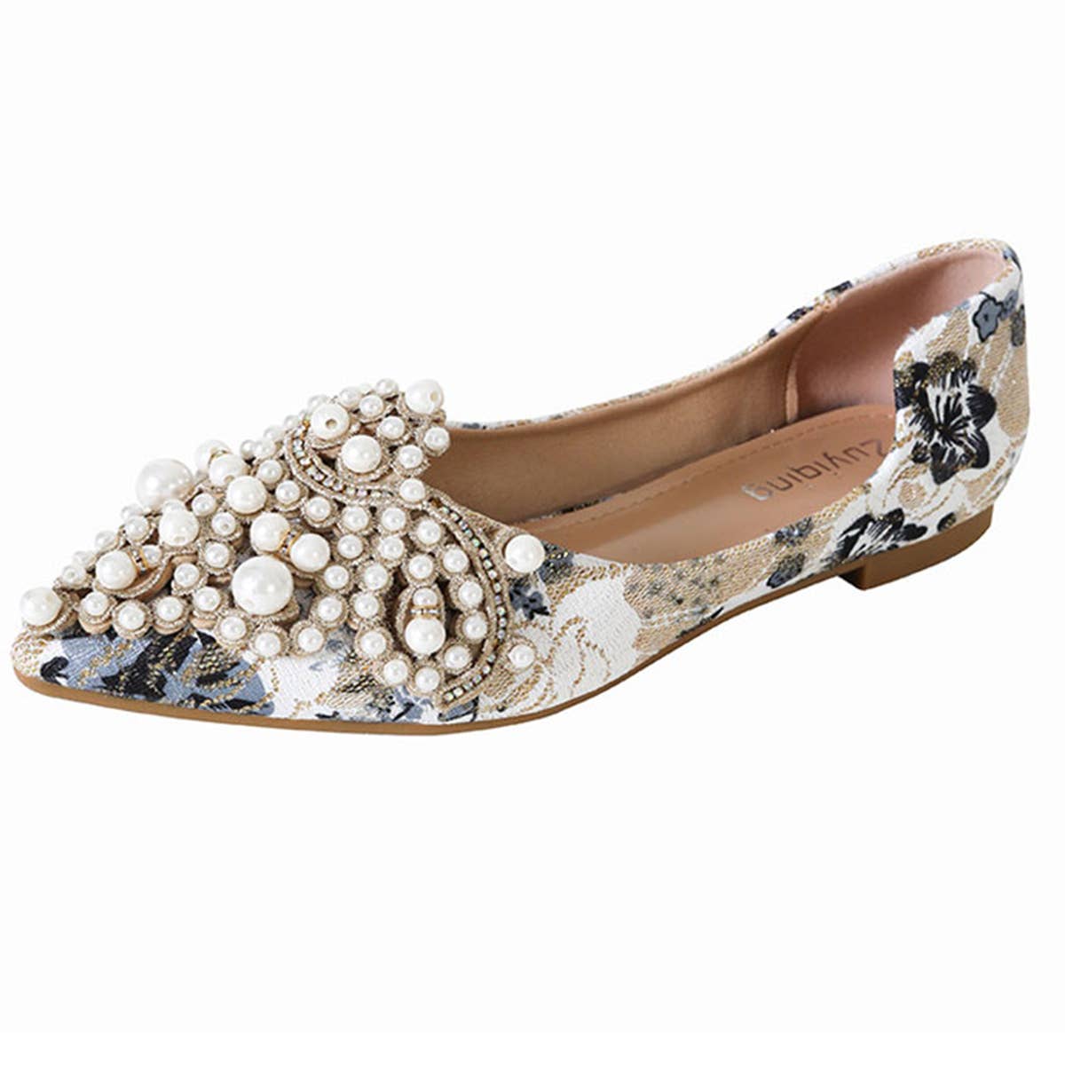 FAUX PEARL FLORAL PRINT DECOR FLAT SHOES FOR WOMAN