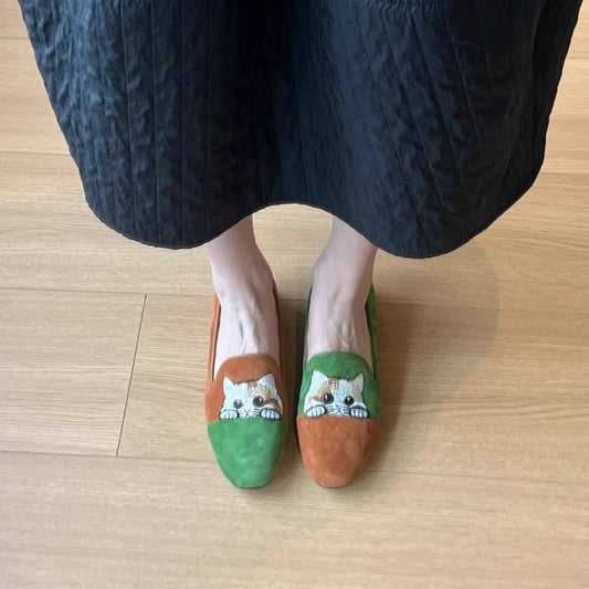 Leather Cat Embroidery Loafers for Women_CWSHF0083