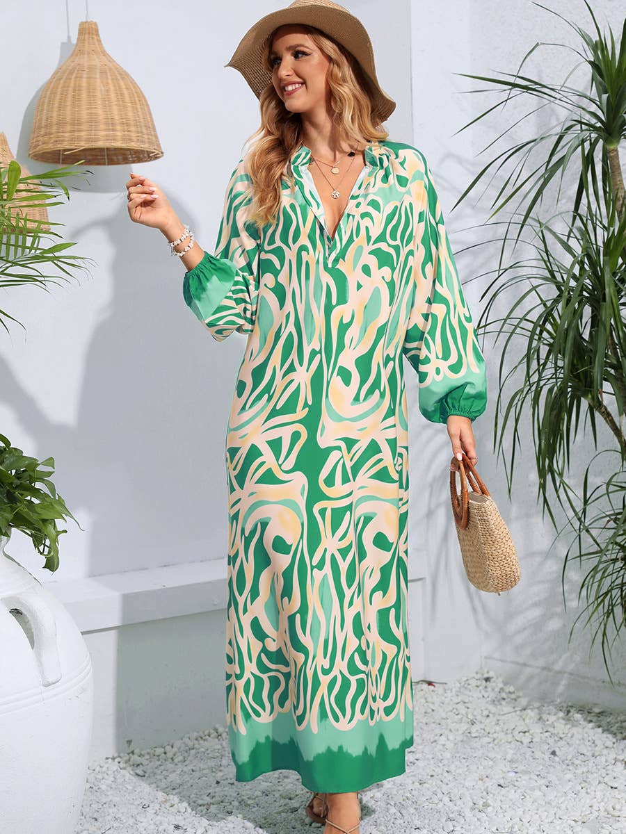 PULLOVER V-NECK PRINT LONG DRESS WITH BIG SWING