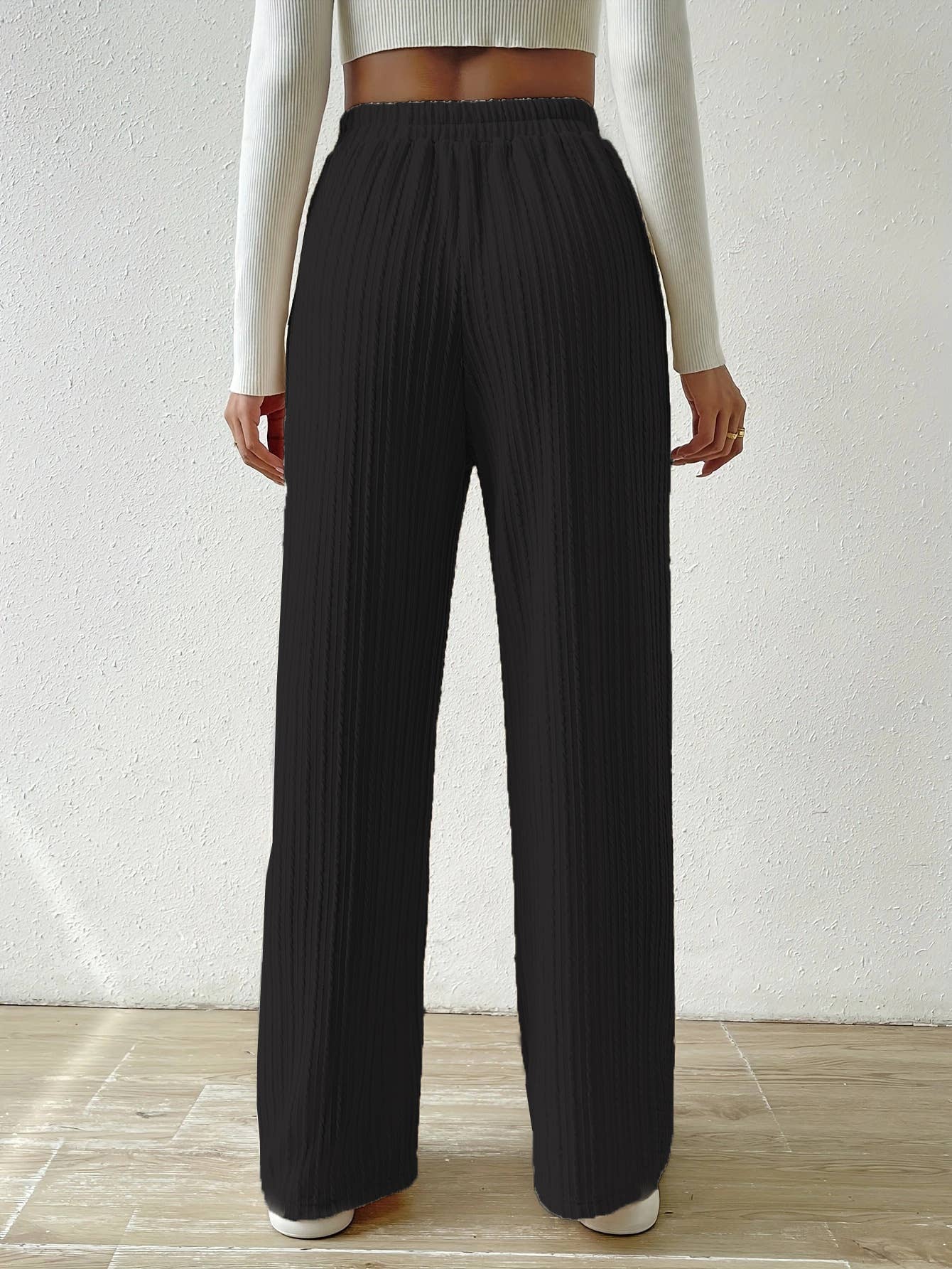 KNIT WIDE LEG STRAIGHT PANTS WITH WAIST TEXTURE